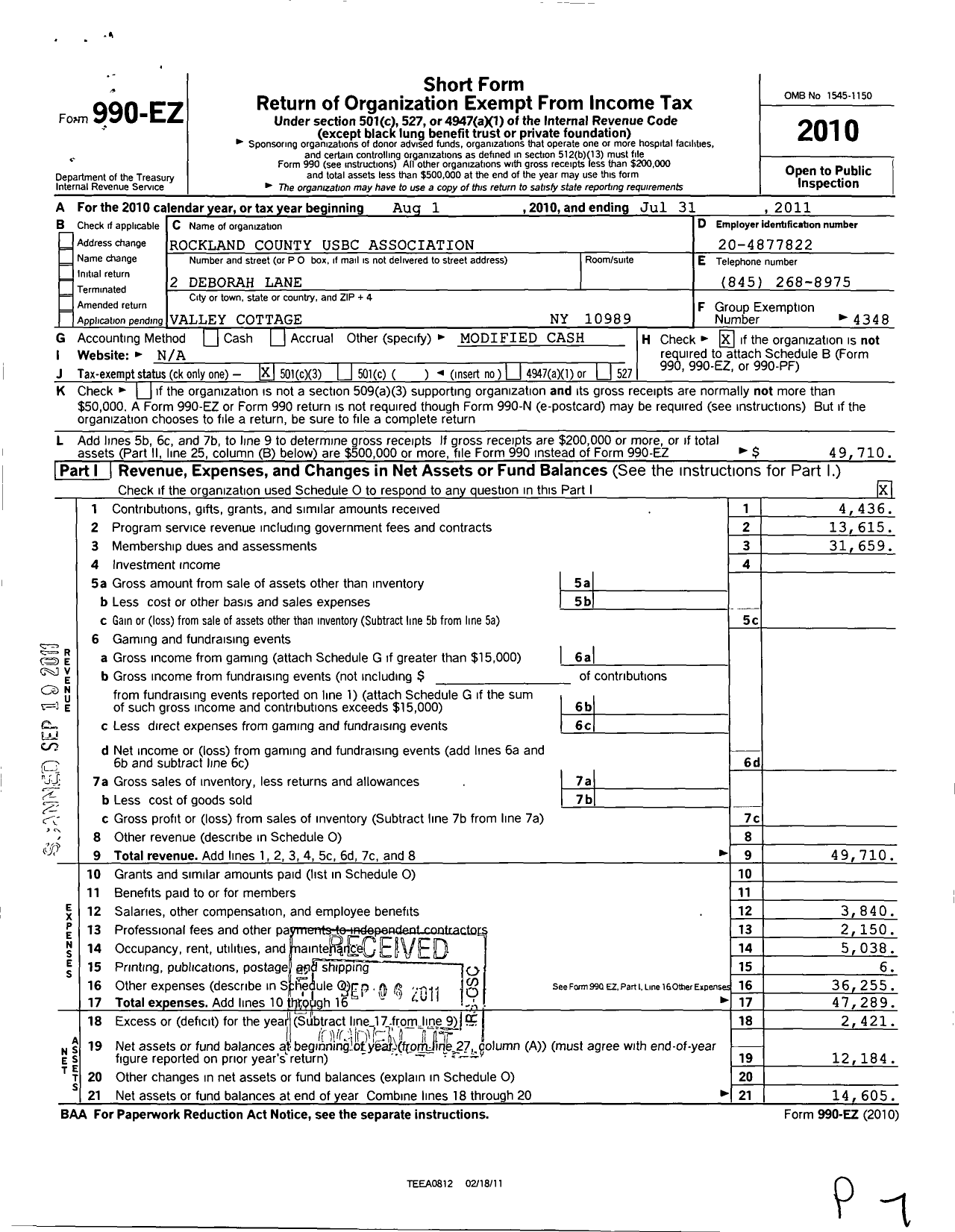 Image of first page of 2010 Form 990EZ for United States Bowling Congress - 80932 Rockland County Usbc