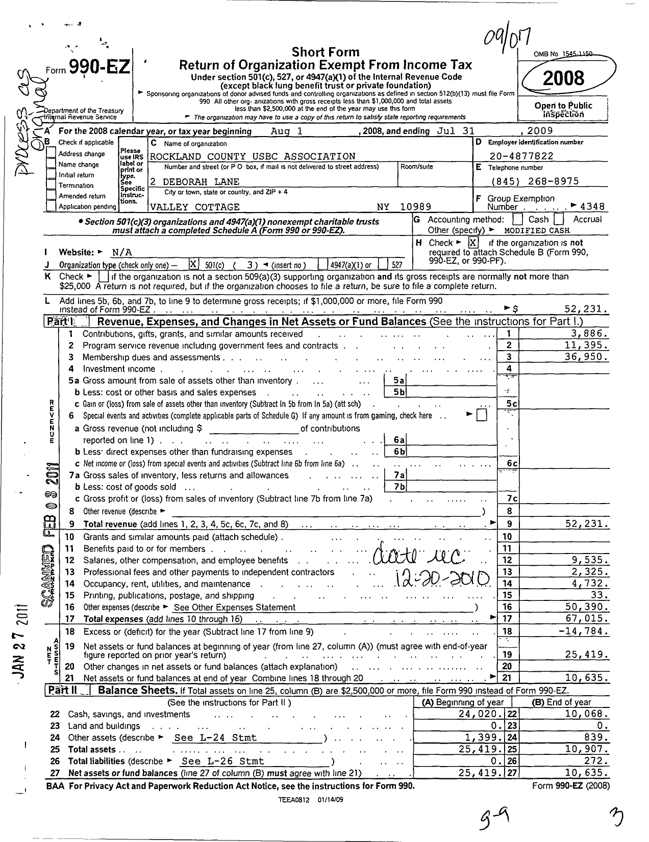 Image of first page of 2008 Form 990EZ for United States Bowling Congress - 80932 Rockland County Usbc