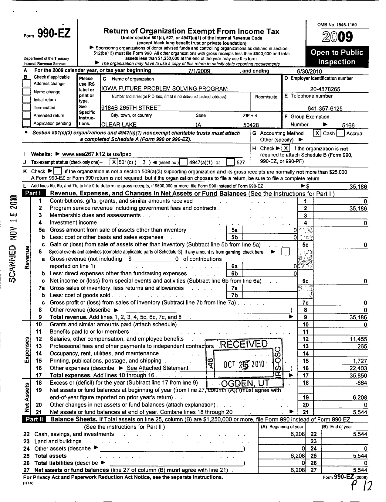 Image of first page of 2009 Form 990EZ for Iowa Future Problem Solving