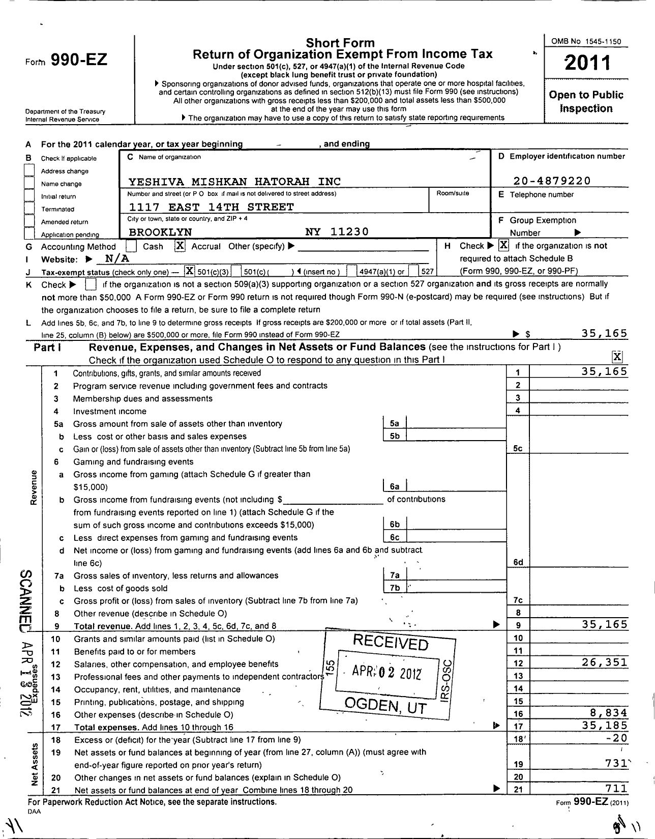 Image of first page of 2011 Form 990EZ for Yeshiva Mishkan Hatorah 1117 East 14th Street