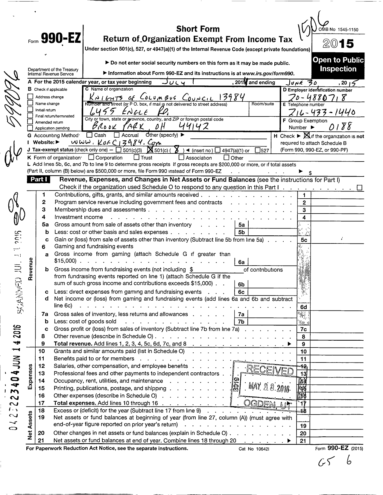 Image of first page of 2014 Form 990EO for Knights of Columbus - 13984 St Peter the Apostle Council