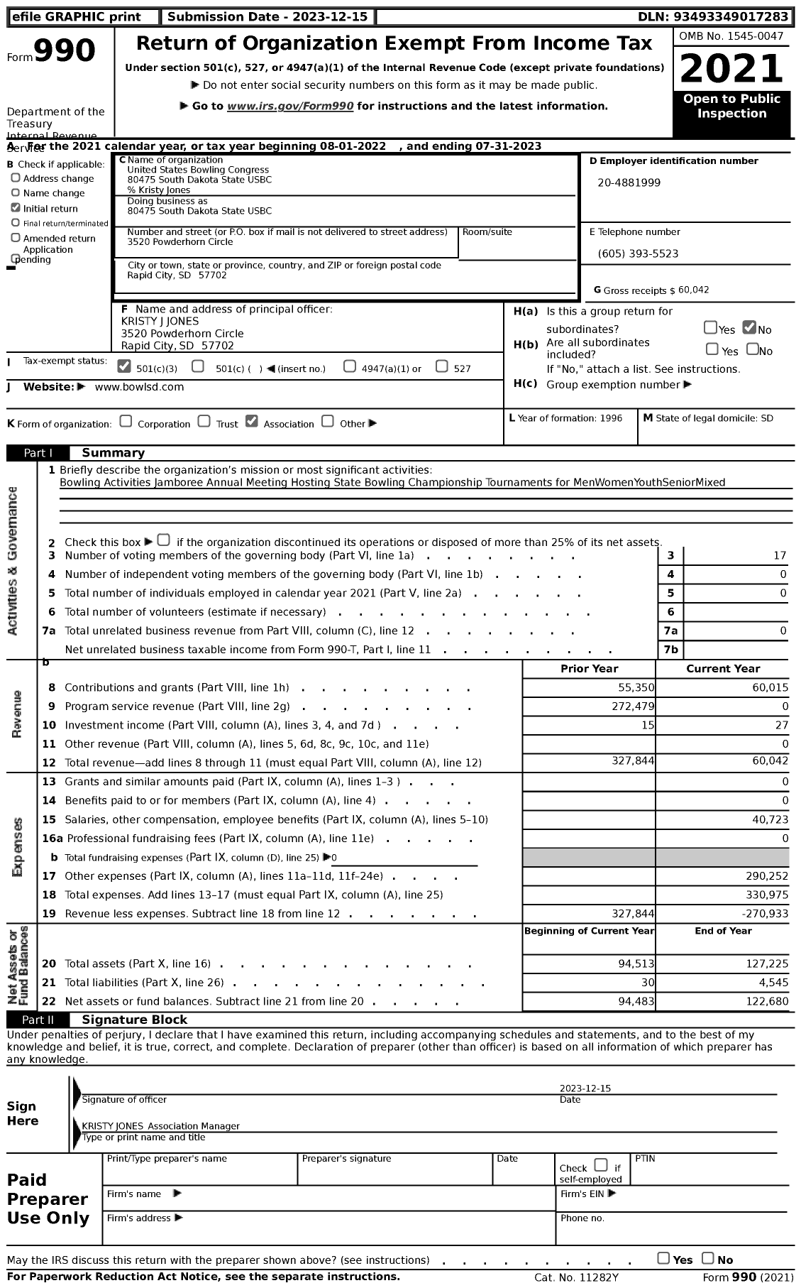 Image of first page of 2022 Form 990 for United States Bowling Congress - 80475 South Dakota State USBC