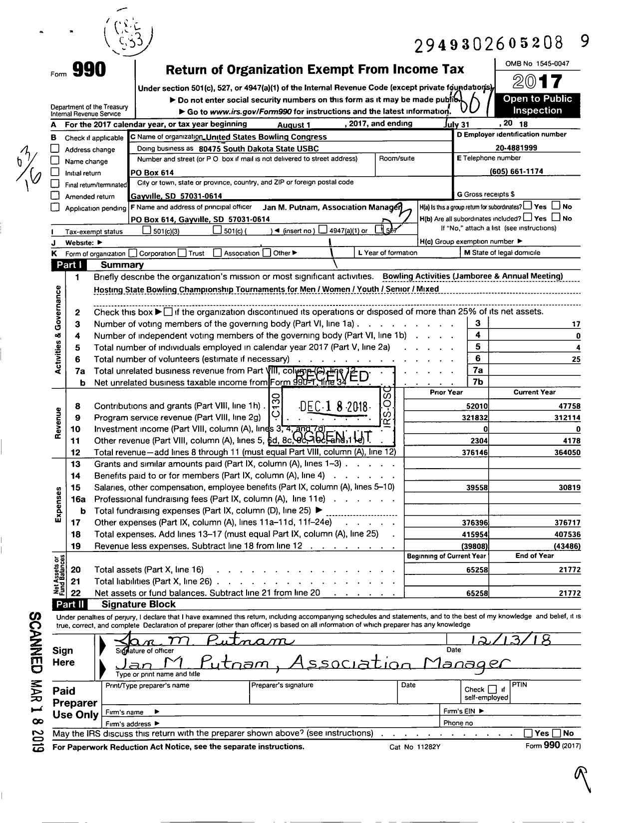 Image of first page of 2017 Form 990 for United States Bowling Congress - 80475 South Dakota State USBC