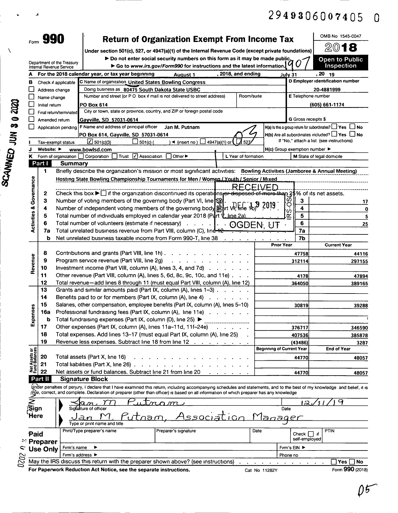 Image of first page of 2018 Form 990 for United States Bowling Congress - 80475 South Dakota State USBC