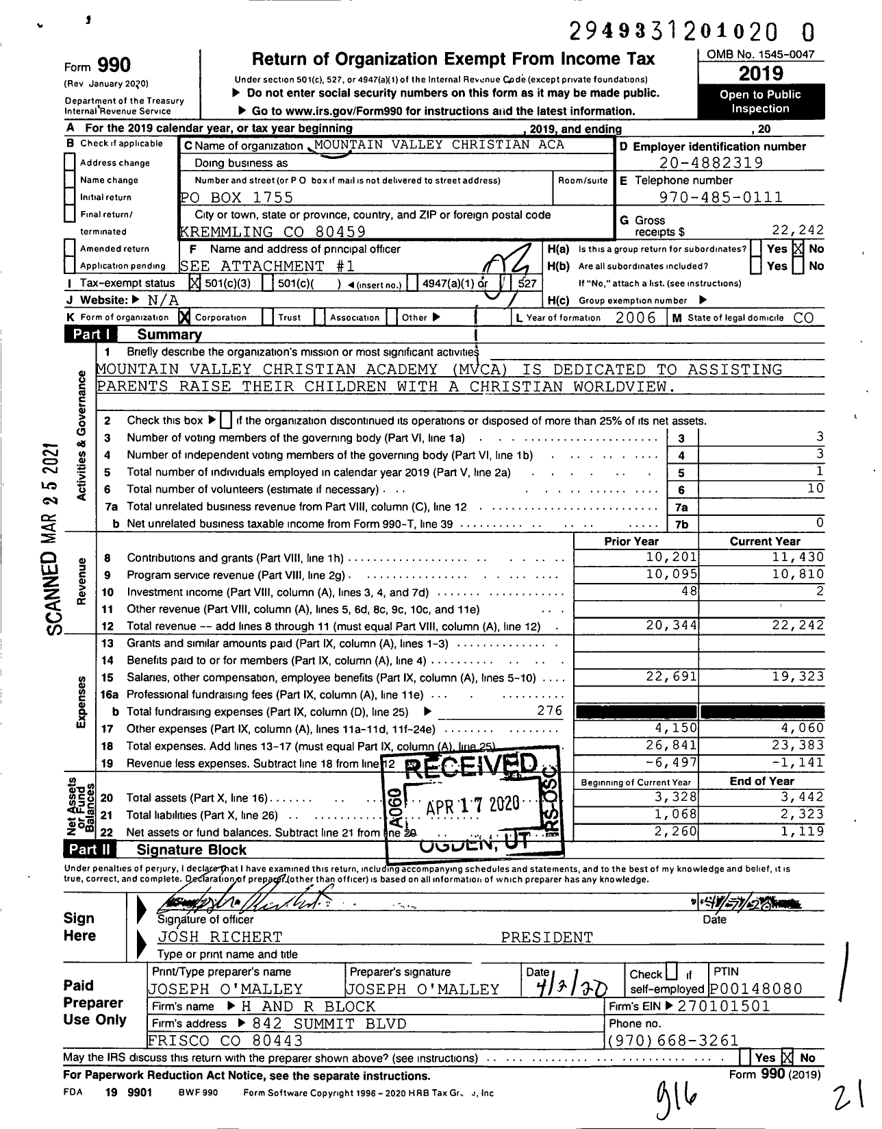 Image of first page of 2019 Form 990 for Mountain Valley Christian Academy