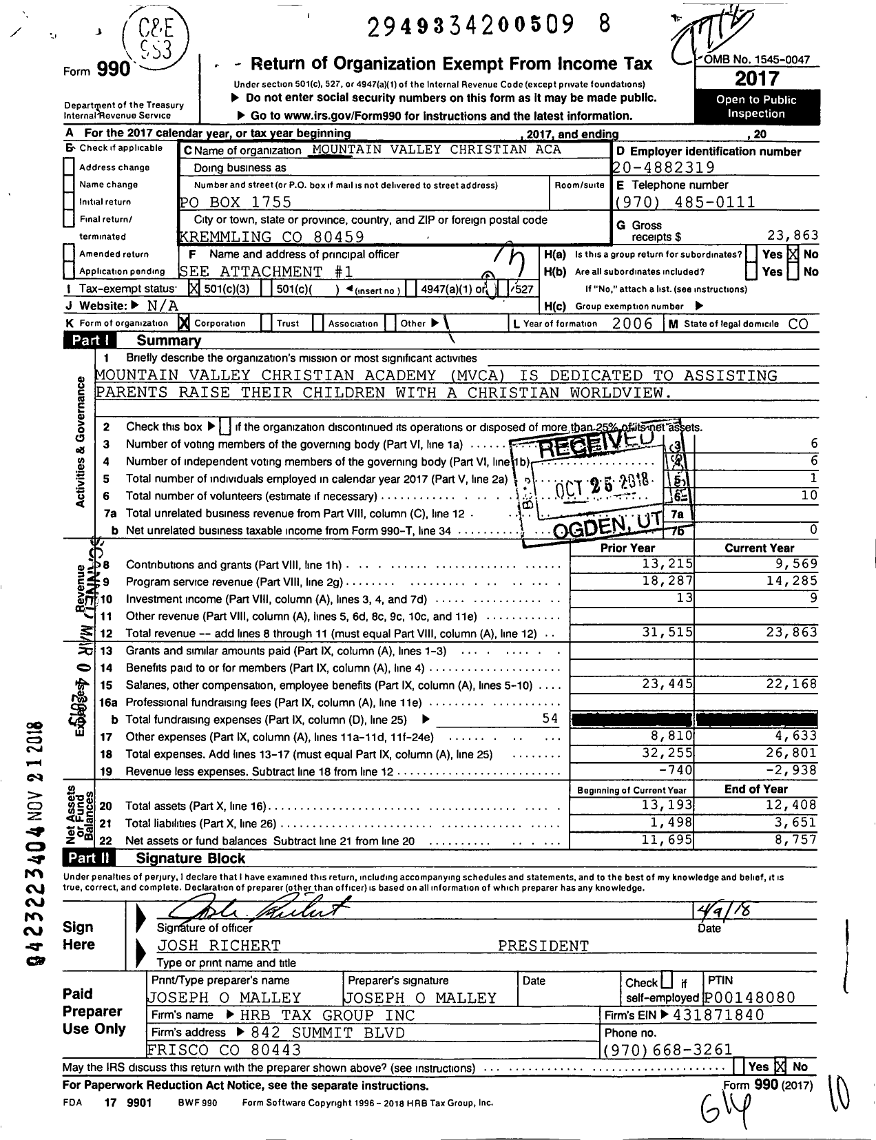 Image of first page of 2017 Form 990 for Mountain Valley Christian Academy