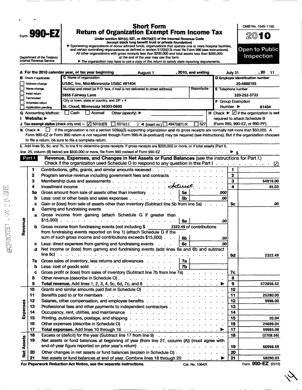 Image of first page of 2010 Form 990EZ for United States Bowling Congress - 81404 Mid-Minnesota Usbc