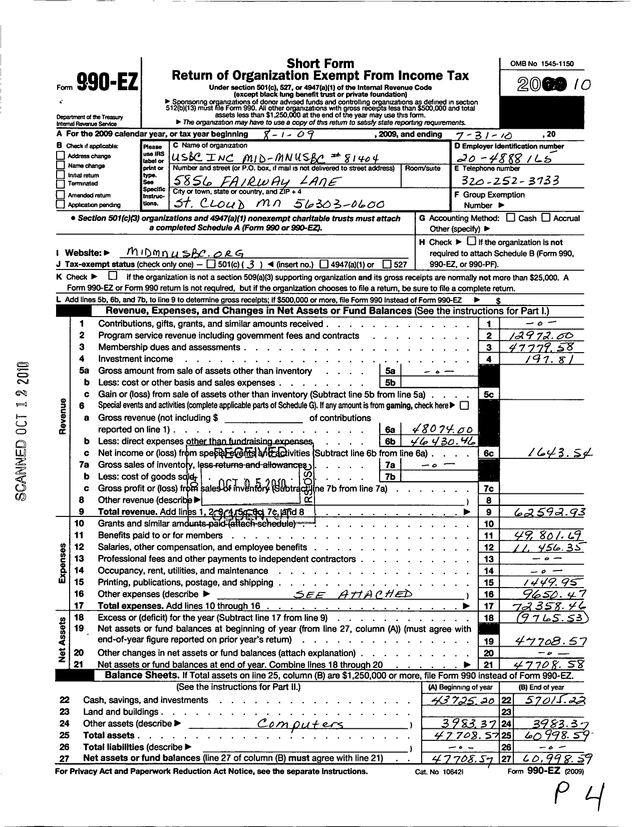 Image of first page of 2009 Form 990EZ for United States Bowling Congress - 81404 Mid-Minnesota Usbc