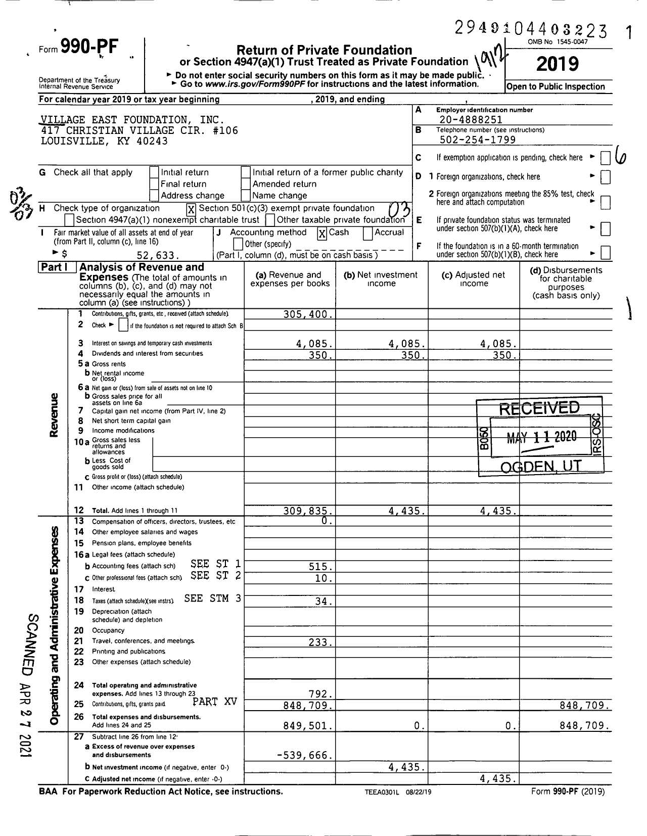 Image of first page of 2019 Form 990PF for Village East Foundation