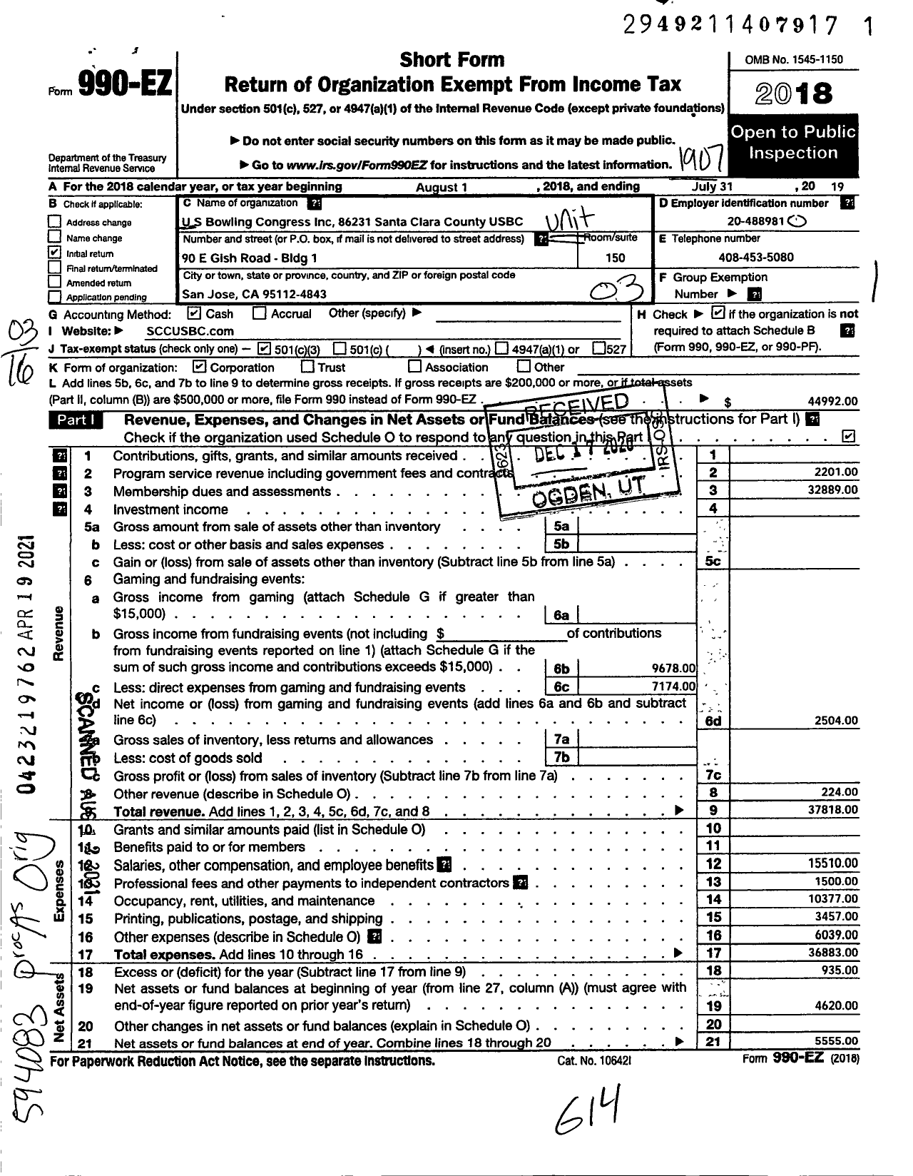 Image of first page of 2018 Form 990EZ for United States Bowling Congress - 86231 Santa Clara County USBC