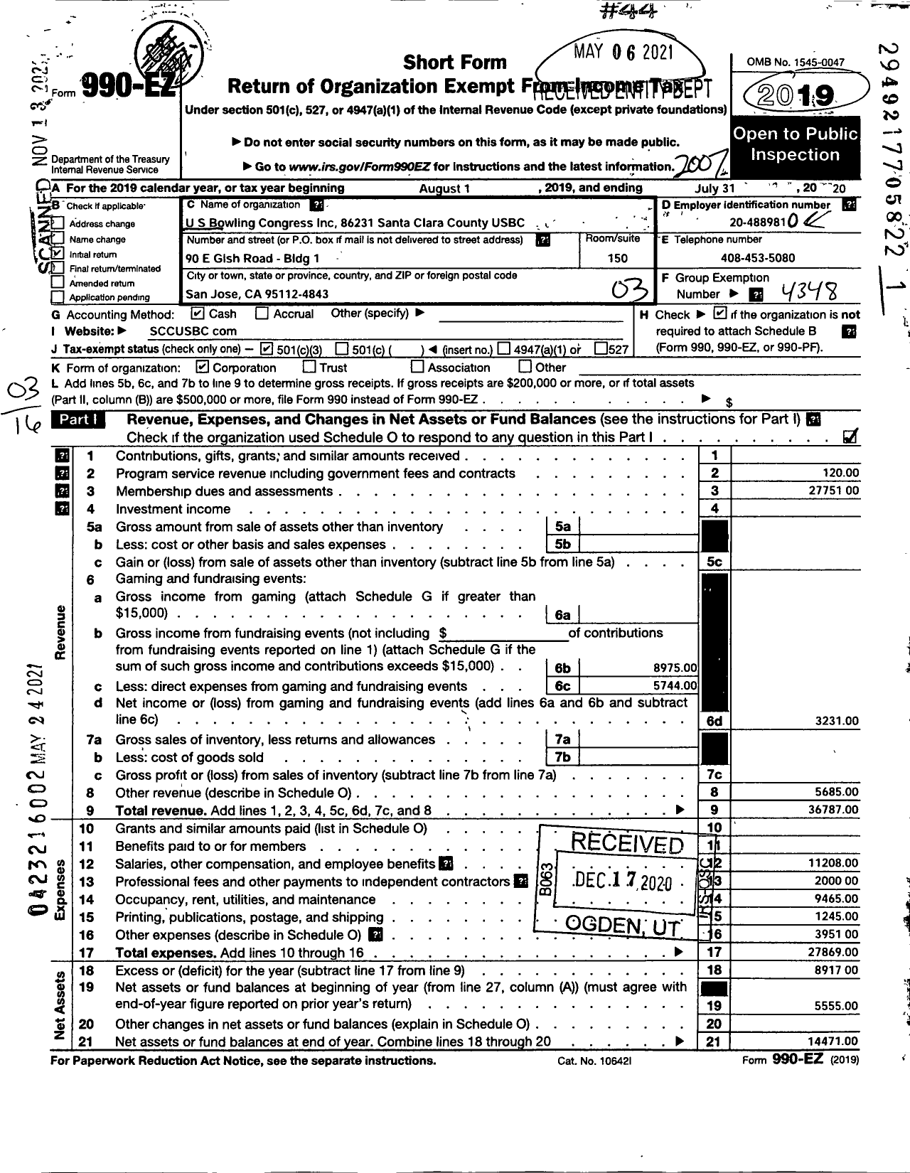 Image of first page of 2019 Form 990EZ for United States Bowling Congress - 86231 Santa Clara County USBC