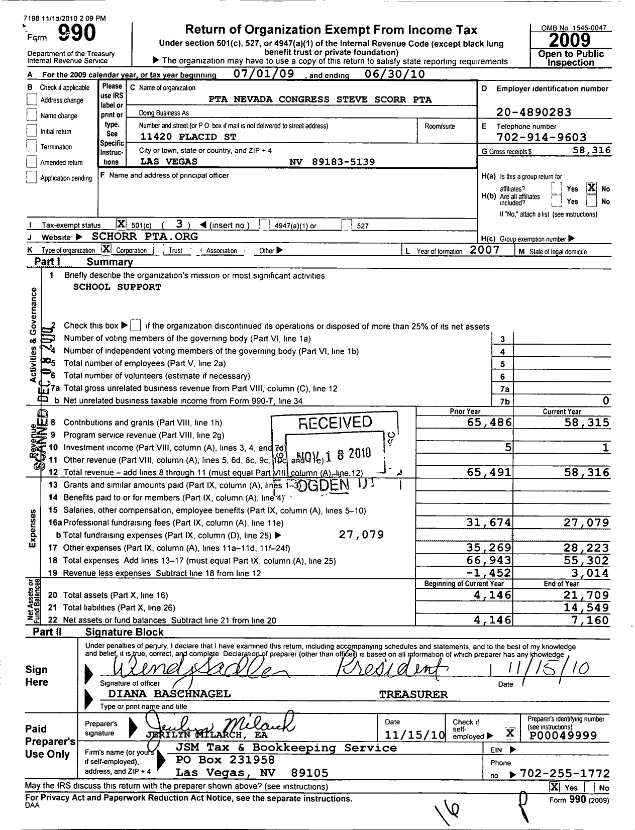 Image of first page of 2009 Form 990 for PTA Nevada Congress / Steve Schorr PTA