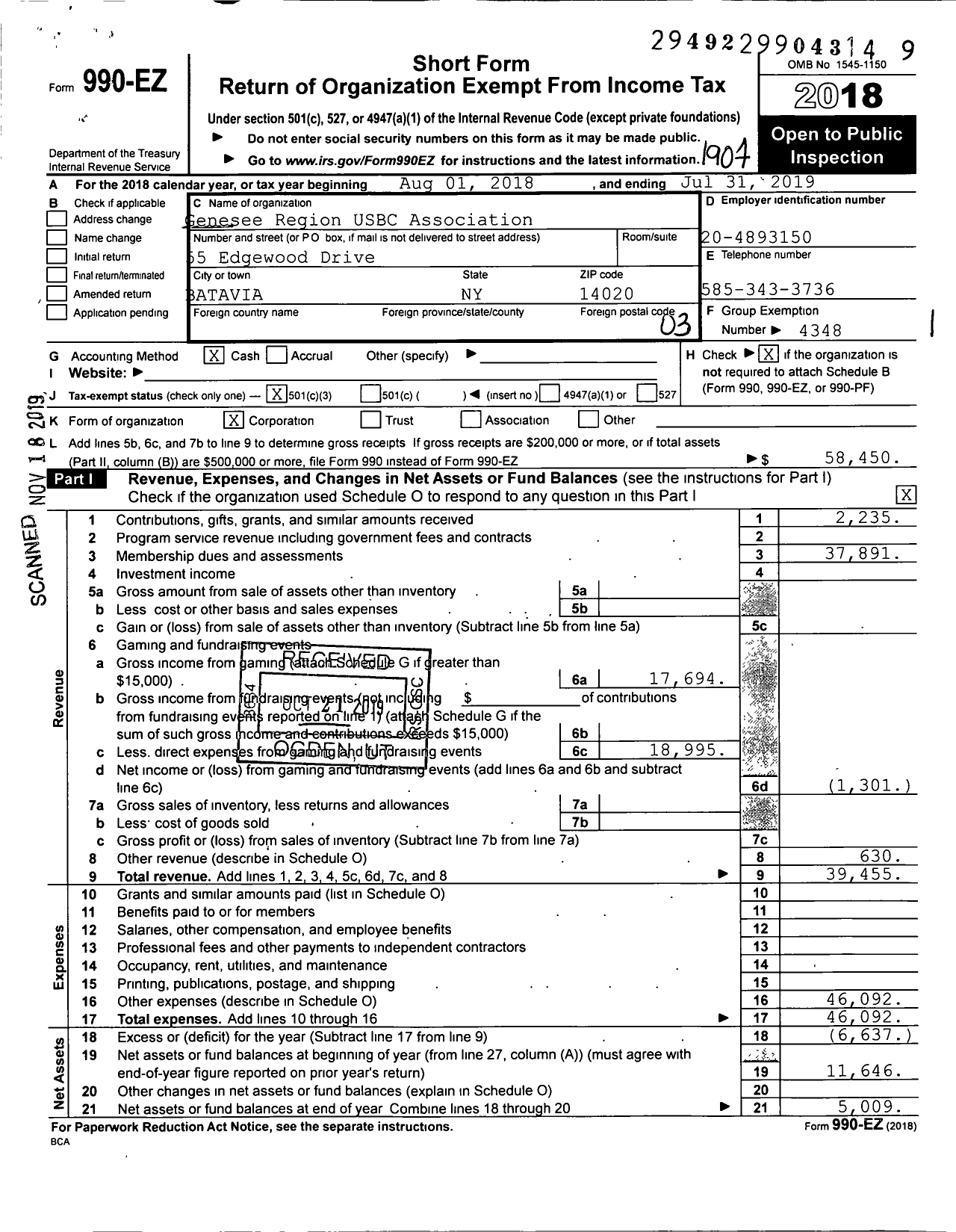 Image of first page of 2018 Form 990EZ for United States Bowling Congress - 80937 Genesee Region USBC