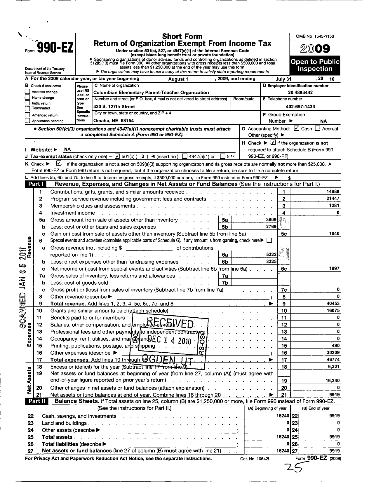 Image of first page of 2009 Form 990EZ for Columbian Elementart Parent-Teacher Organization