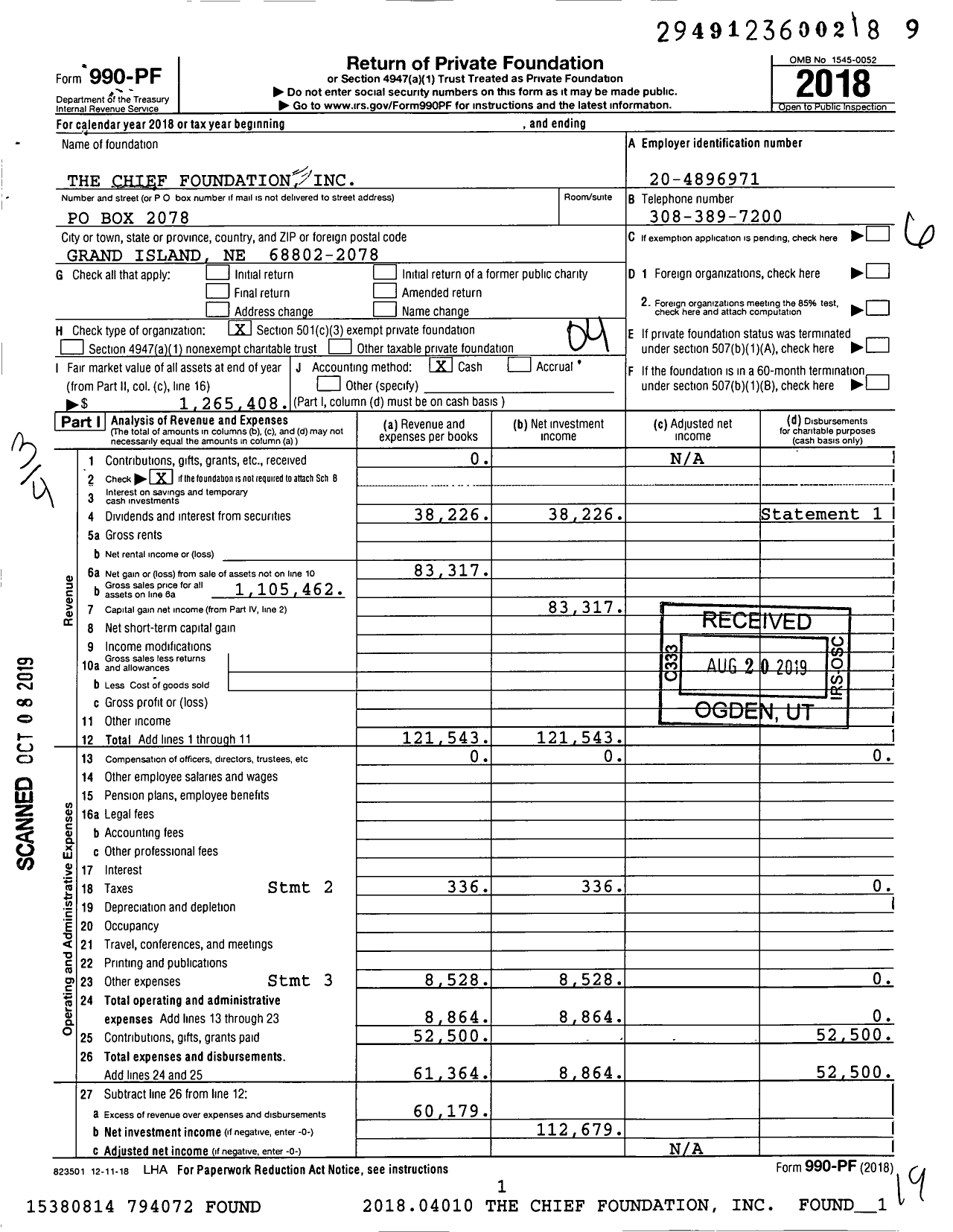 Image of first page of 2018 Form 990PF for The Chief Foundation