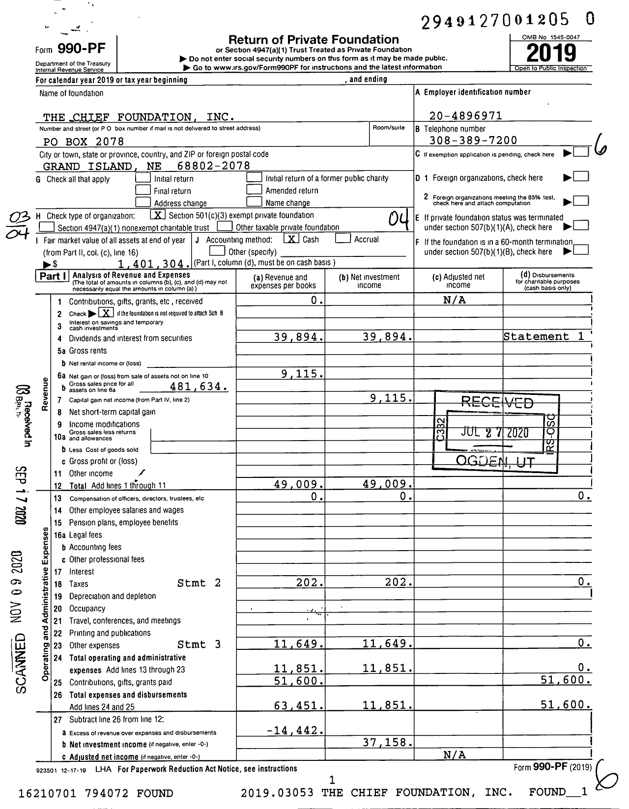 Image of first page of 2019 Form 990PF for The Chief Foundation