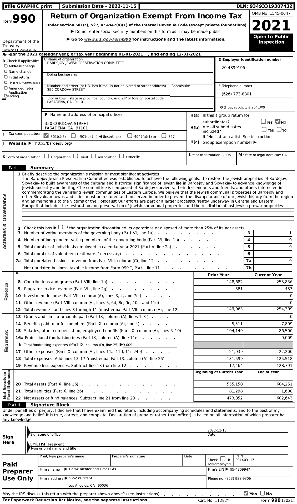 Image of first page of 2021 Form 990 for Bardejov Jewish Preservation Committee