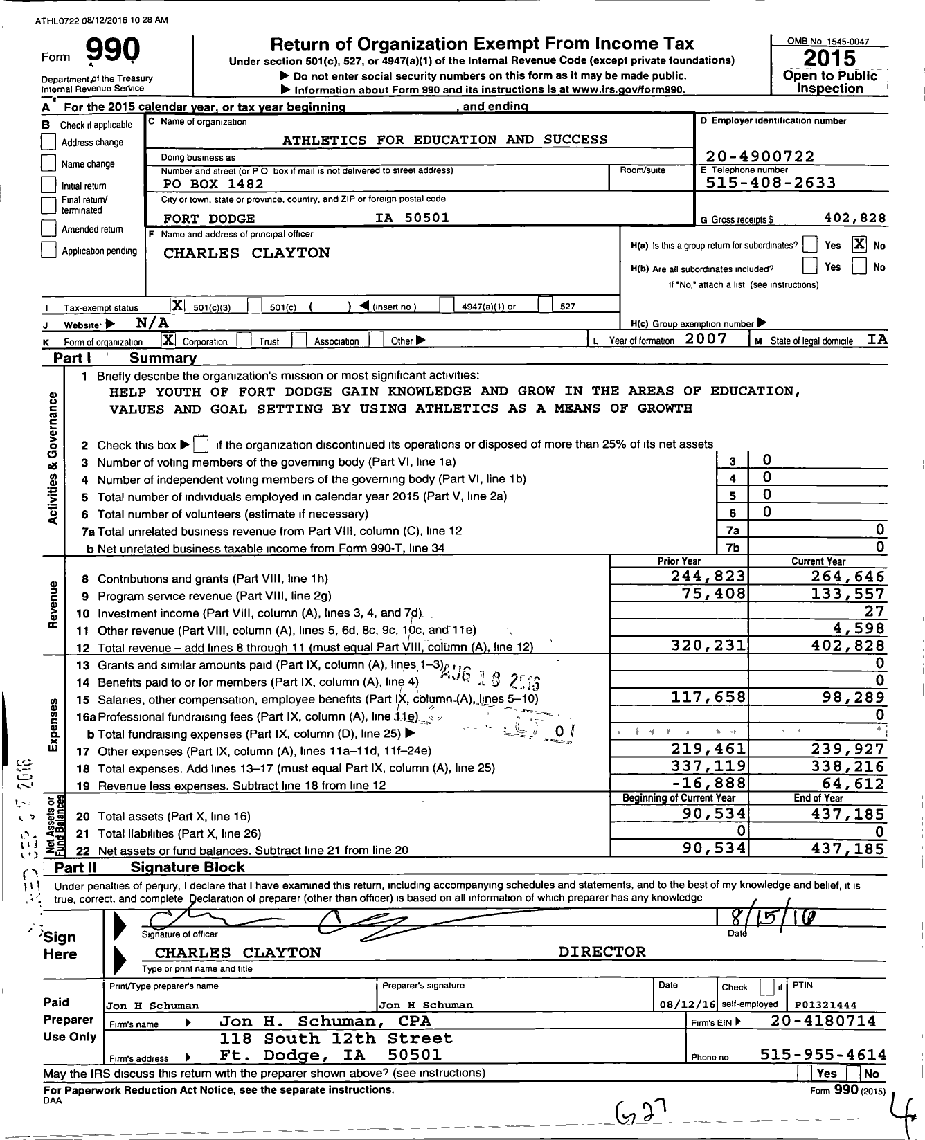 Image of first page of 2015 Form 990 for Athletics for Education and Success