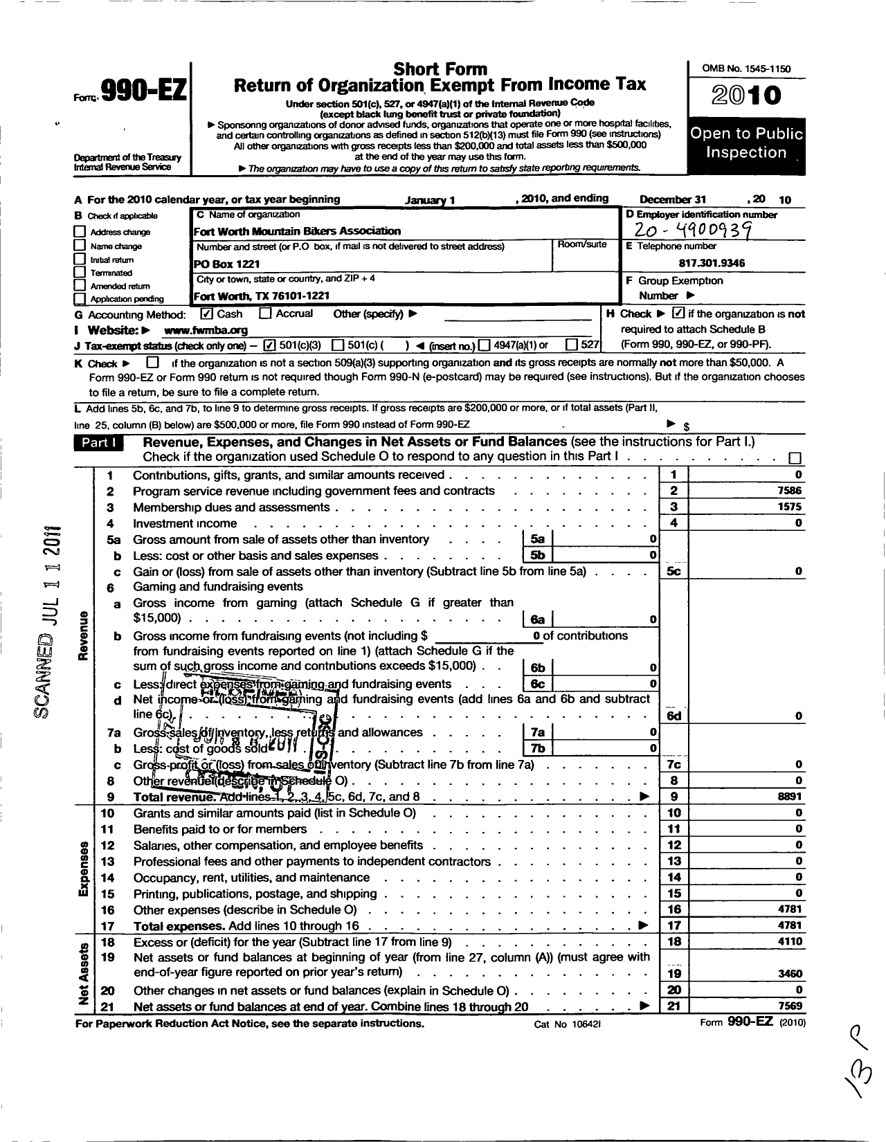 Image of first page of 2010 Form 990EZ for Fort Worth Mountain Bikers Association