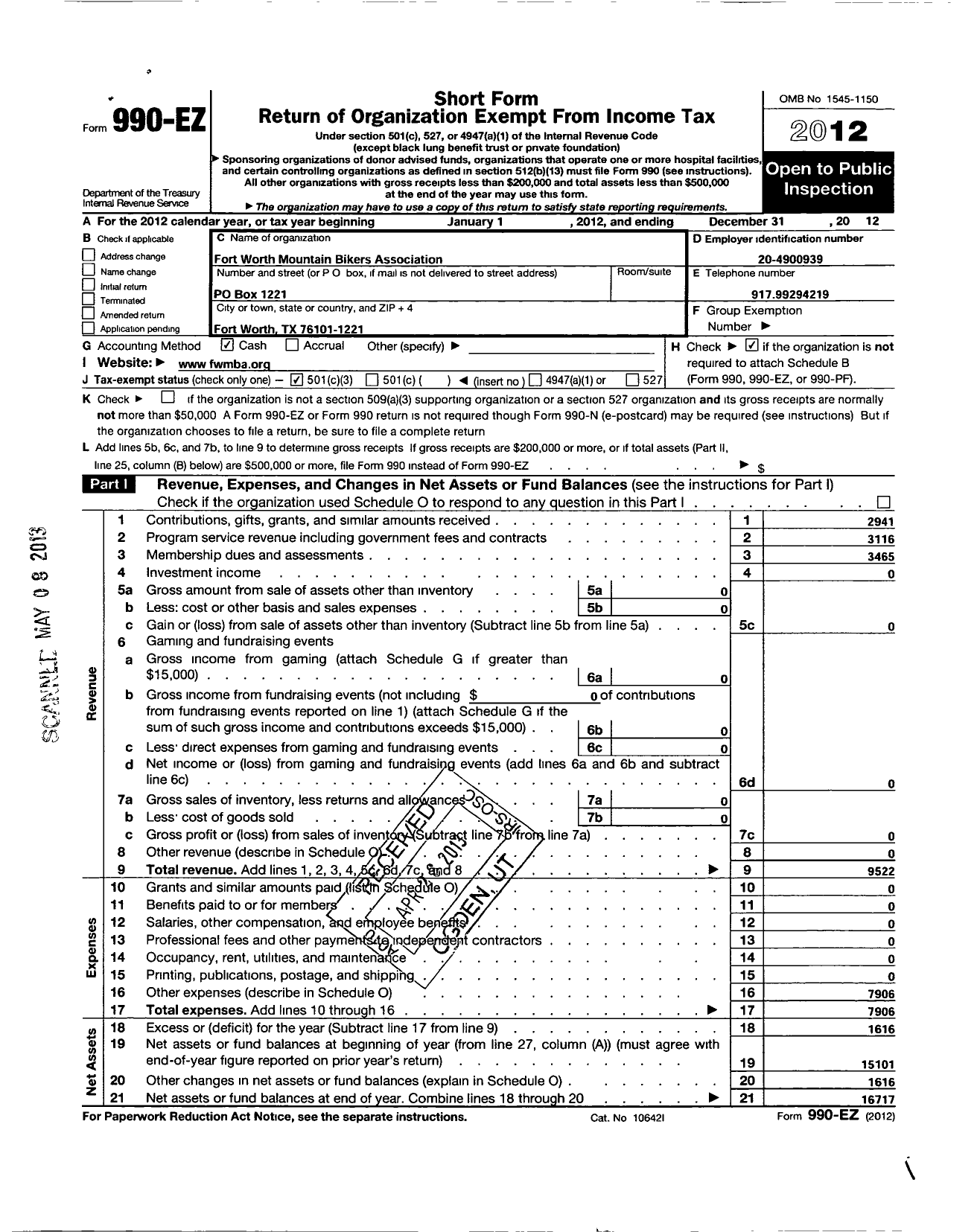 Image of first page of 2012 Form 990EZ for Fort Worth Mountain Bikers Association