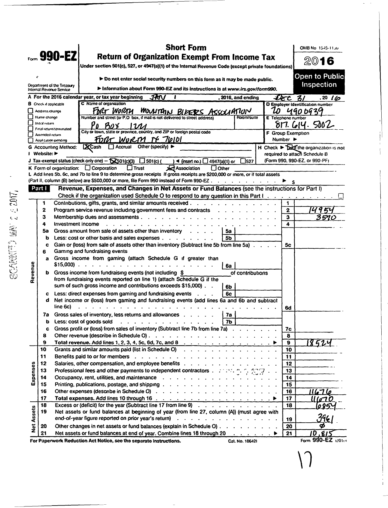 Image of first page of 2016 Form 990EZ for Fort Worth Mountain Bikers Association