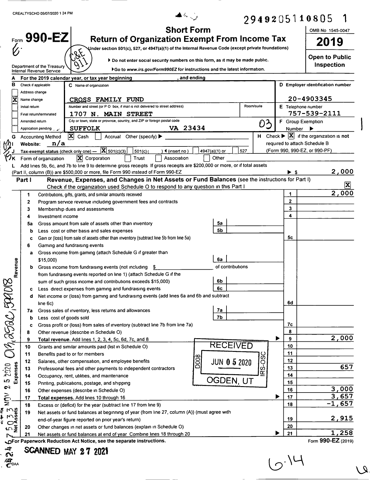 Image of first page of 2019 Form 990EZ for Cross Family Fund