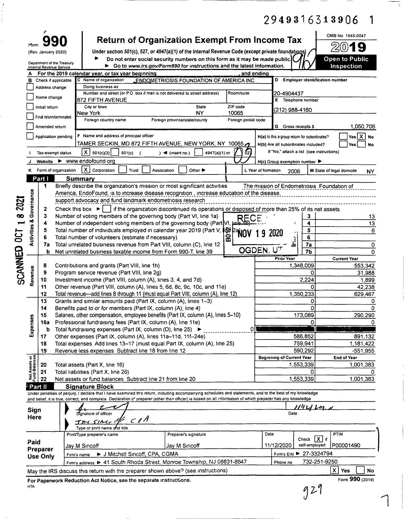 Image of first page of 2019 Form 990 for Endometriosis Foundation of America (EFA)