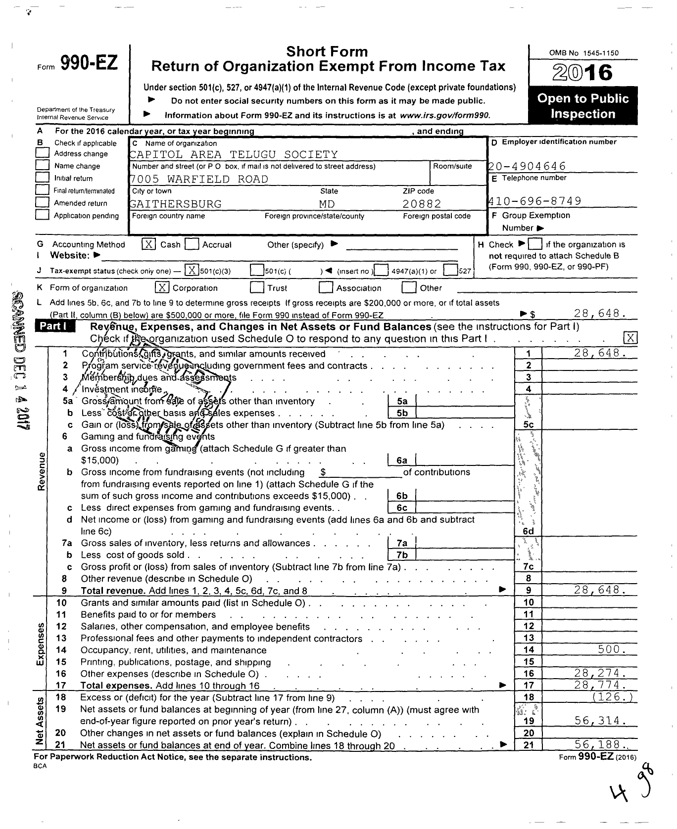 Image of first page of 2016 Form 990EZ for Capitol Area Telugu Society