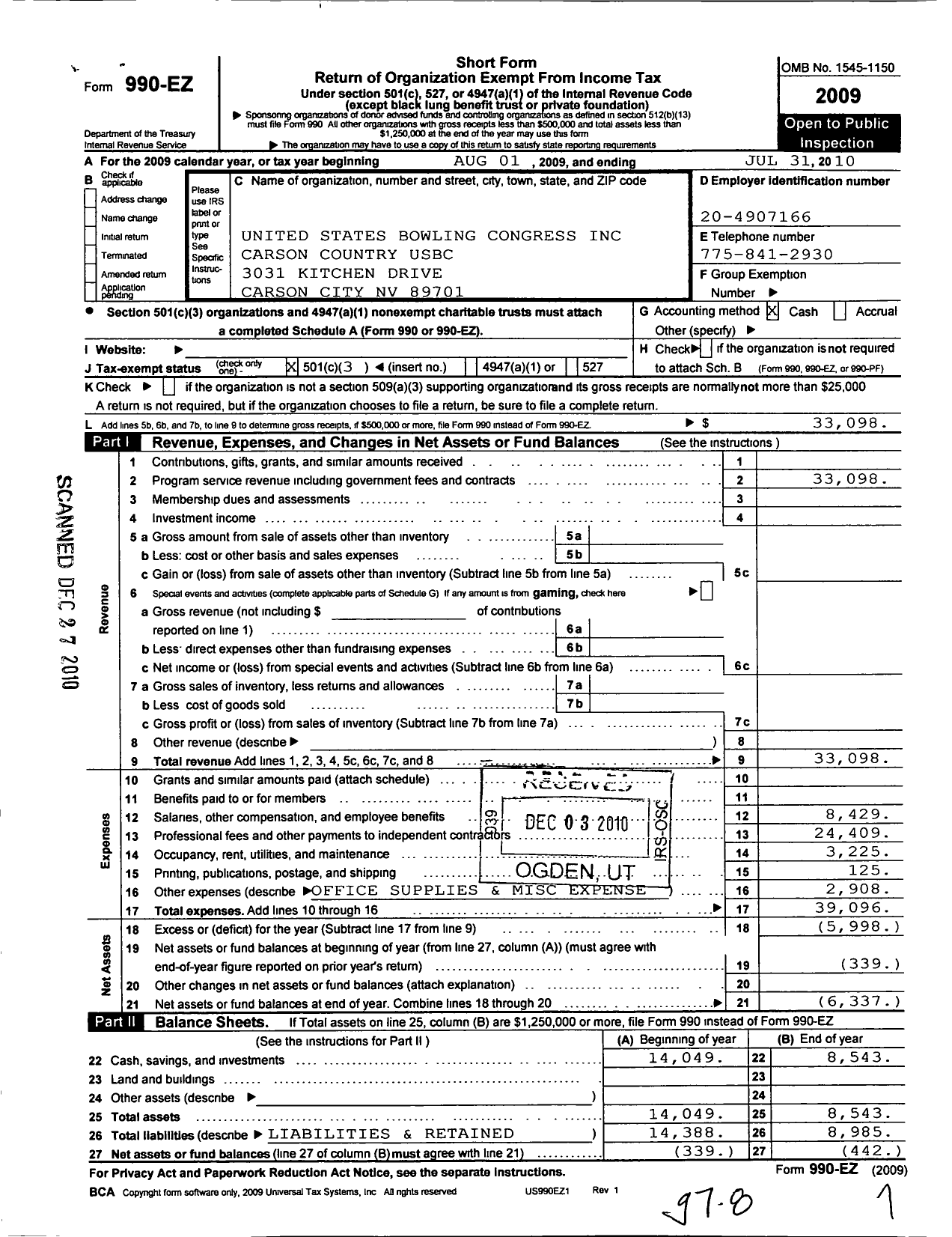 Image of first page of 2009 Form 990EZ for United States Bowling Congress - 81049 Carson Country Usbc