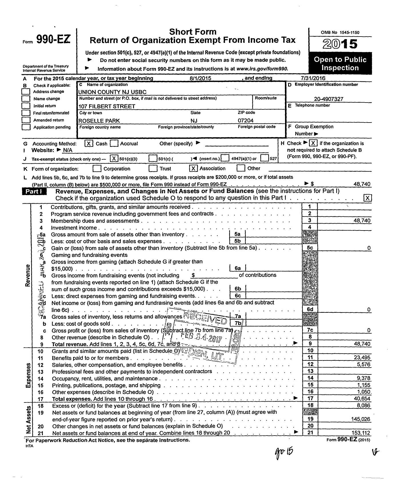 Image of first page of 2015 Form 990EZ for United States Bowling Congress - 86262 Union County Usbc