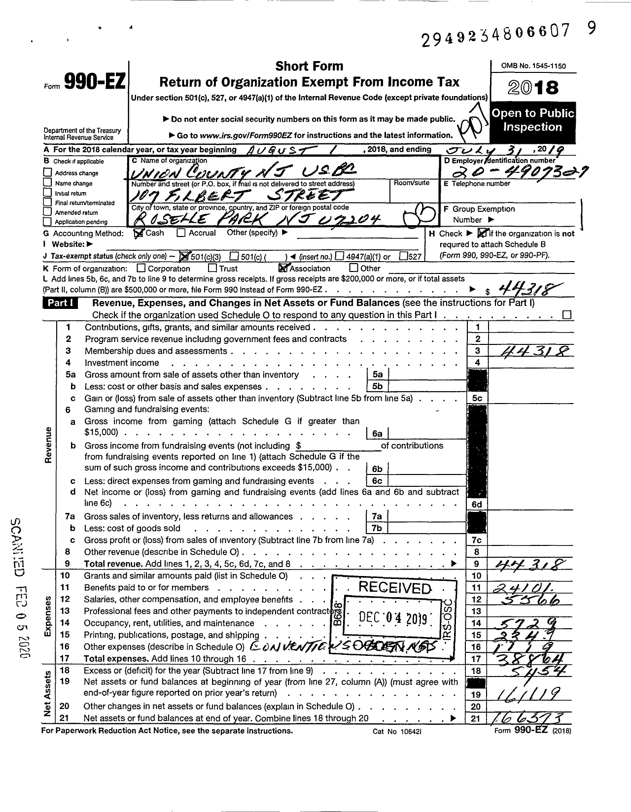 Image of first page of 2018 Form 990EZ for United States Bowling Congress - 86262 Union County Usbc