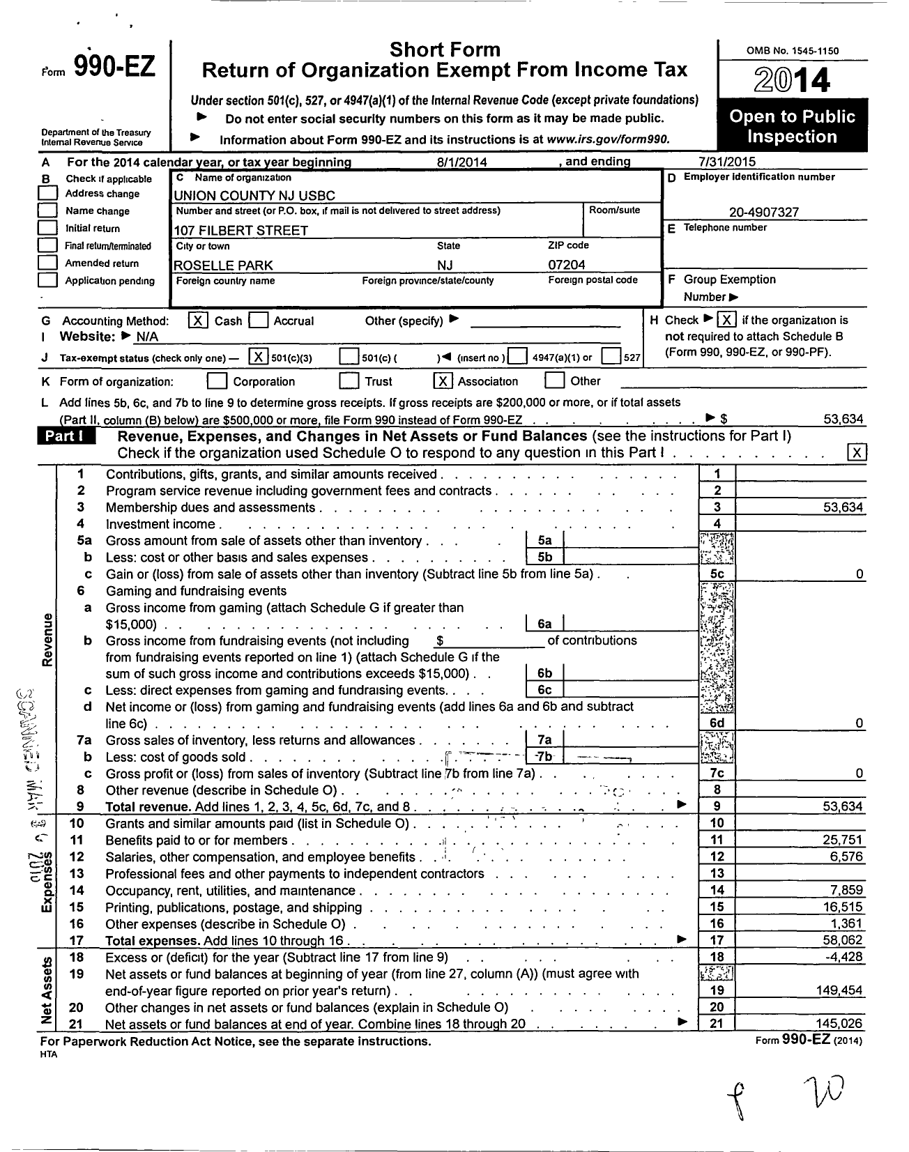 Image of first page of 2014 Form 990EZ for United States Bowling Congress - 86262 Union County Usbc