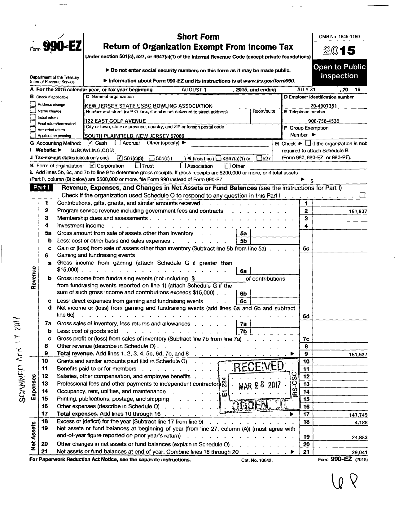 Image of first page of 2015 Form 990EZ for United States Bowling Congress - 86908 New Jersey State Usbc