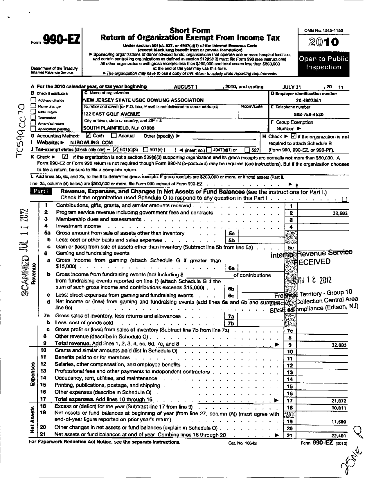 Image of first page of 2010 Form 990EZ for United States Bowling Congress - 86908 New Jersey State Usbc