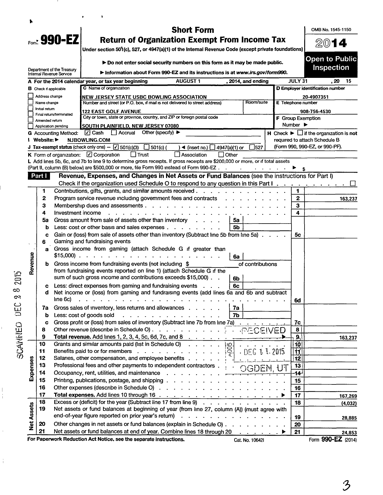 Image of first page of 2014 Form 990EZ for United States Bowling Congress - 86908 New Jersey State Usbc