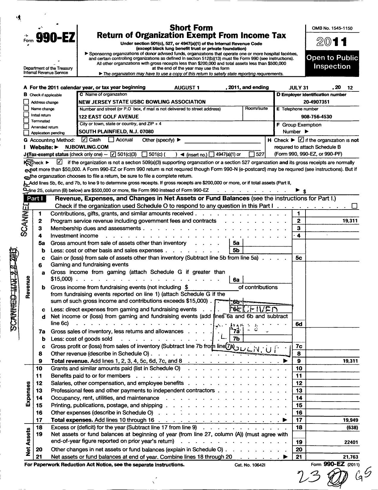 Image of first page of 2011 Form 990EZ for United States Bowling Congress - 86908 New Jersey State Usbc