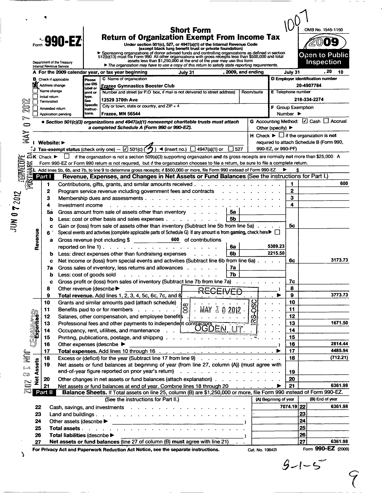 Image of first page of 2009 Form 990EZ for Frazee Gymnastics Booster Club