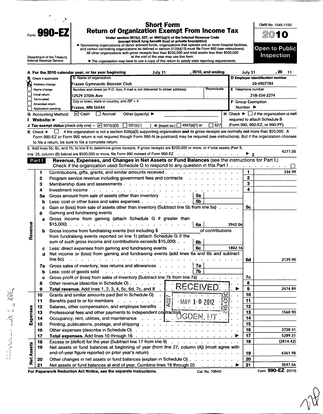 Image of first page of 2010 Form 990EZ for Frazee Gymnastics Booster Club