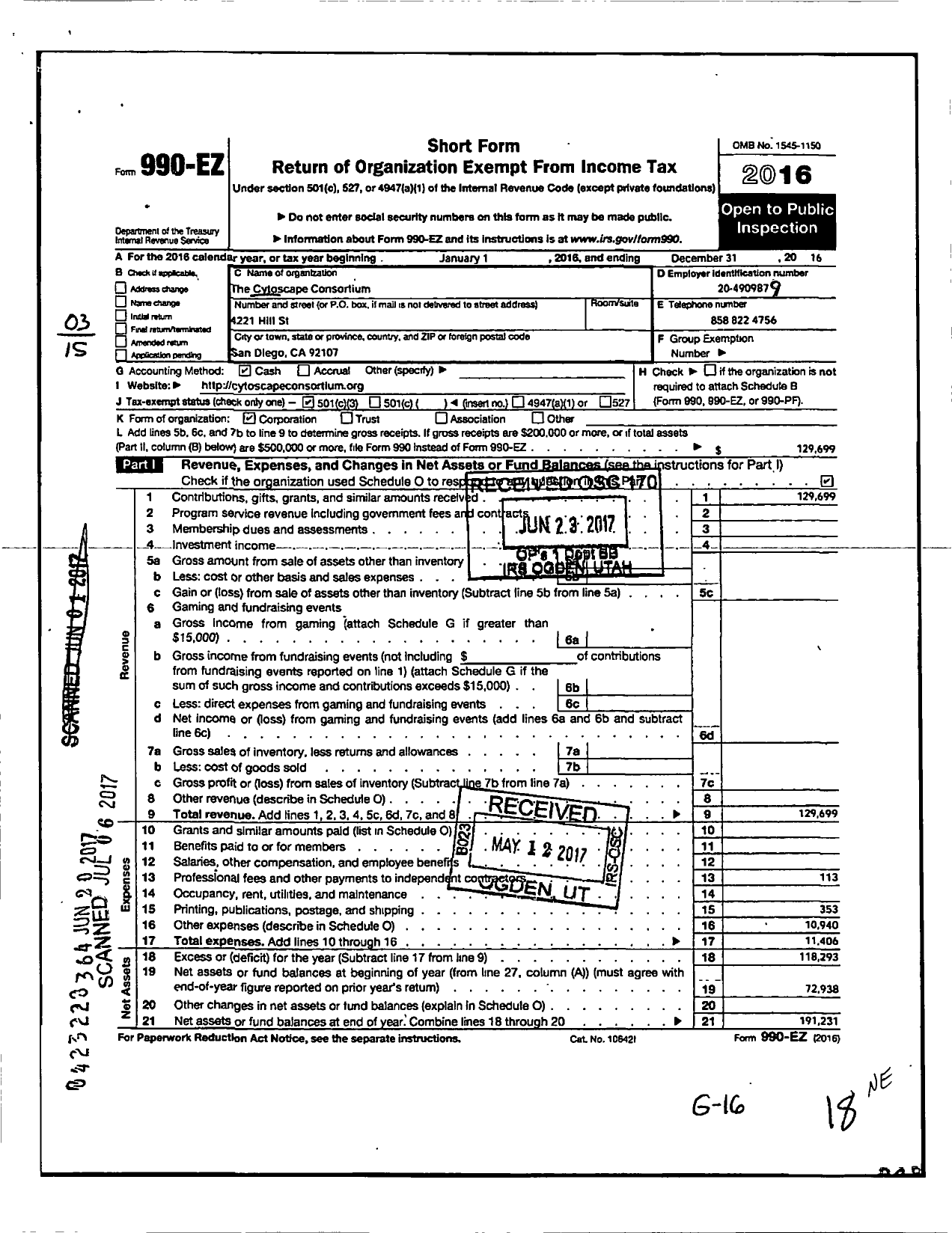 Image of first page of 2016 Form 990EZ for Cytoscape Consortium