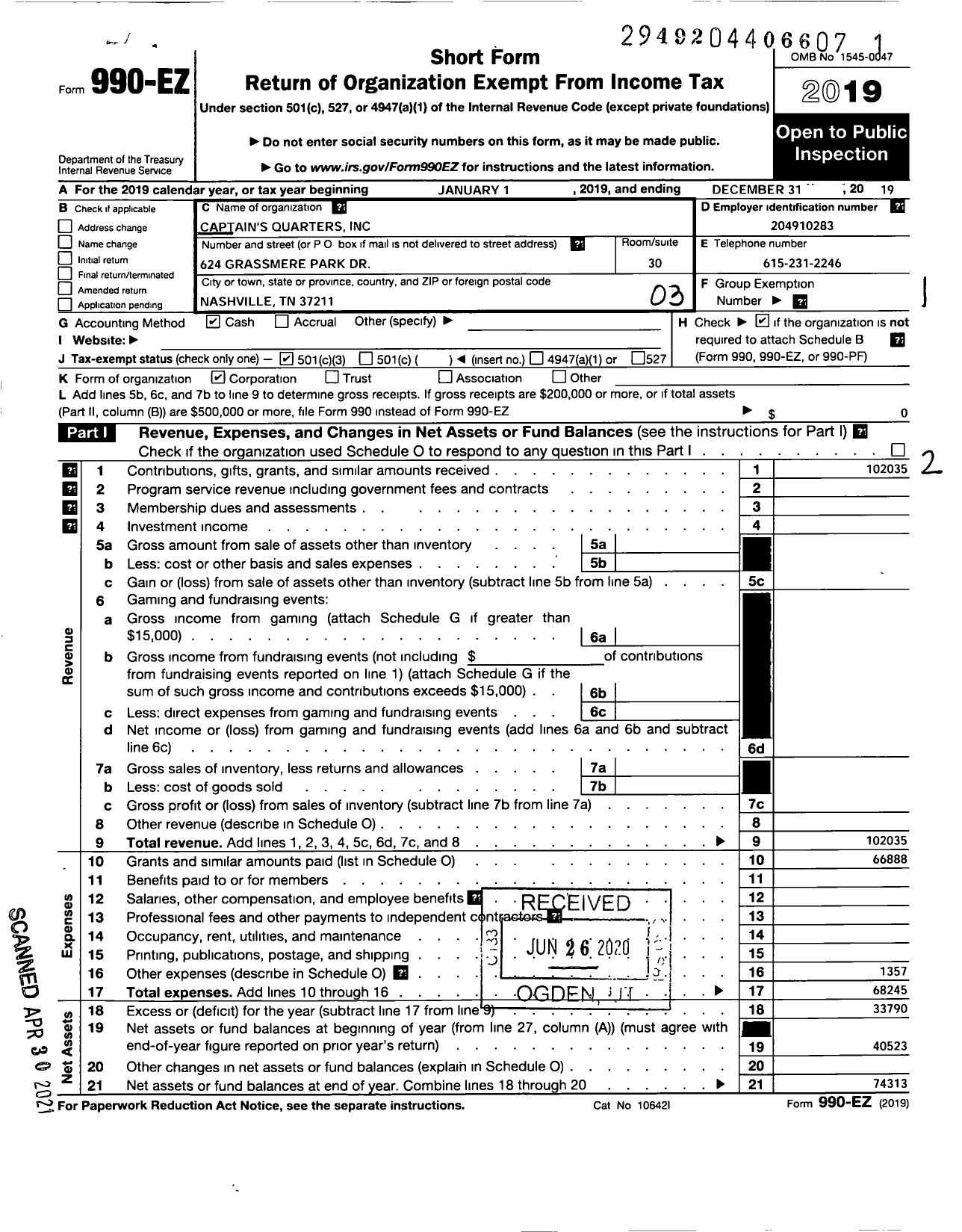 Image of first page of 2019 Form 990EZ for Captains Quarters