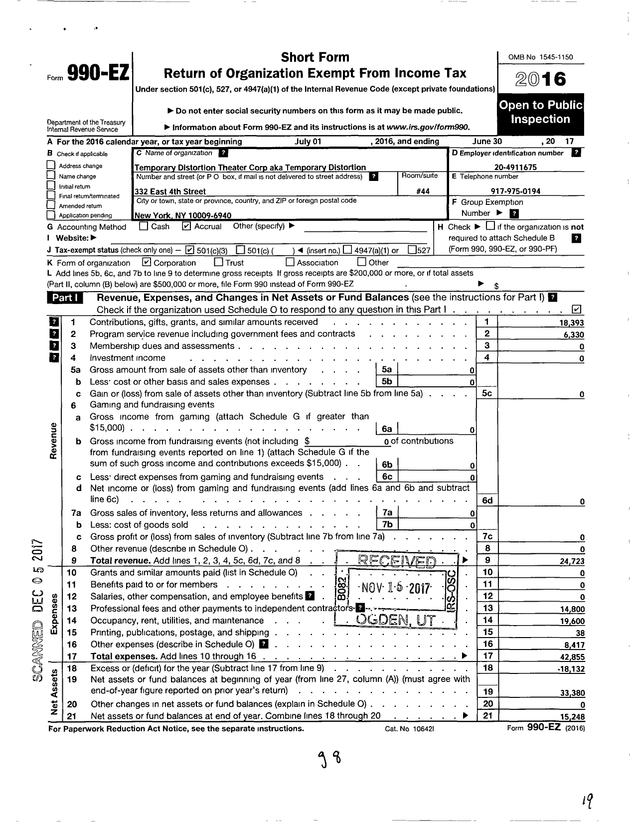 Image of first page of 2016 Form 990EZ for Temporary DISTORTION