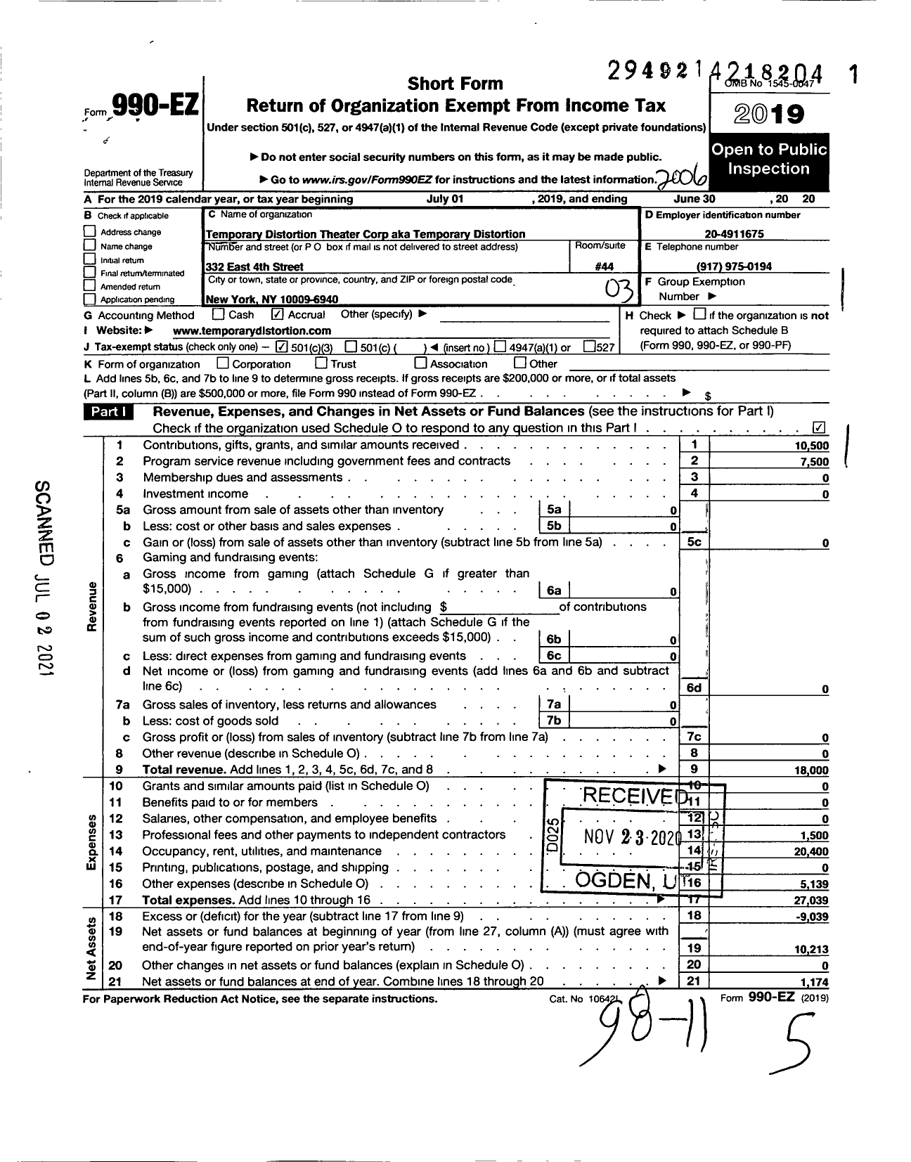 Image of first page of 2019 Form 990EZ for Temporary DISTORTION