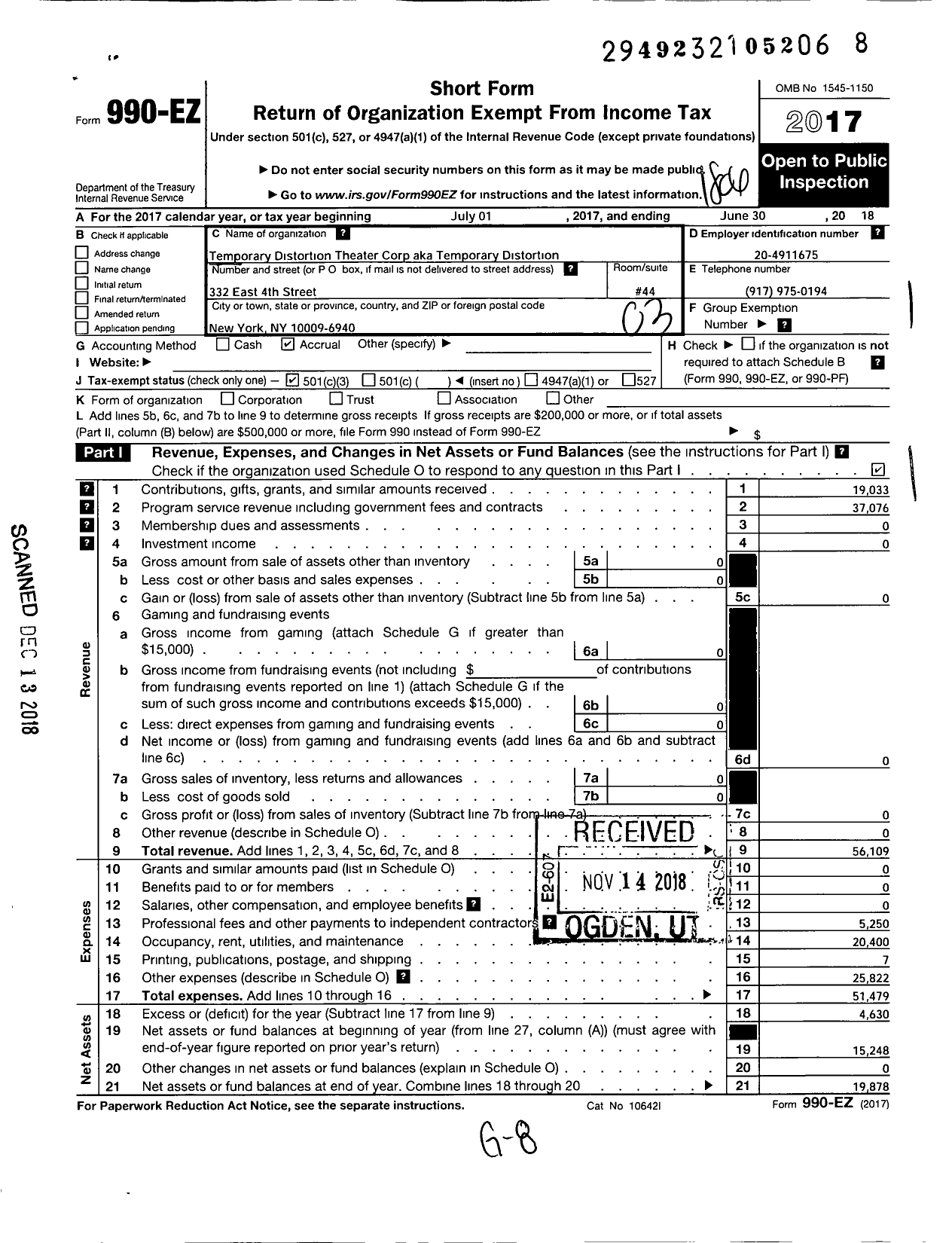 Image of first page of 2017 Form 990EZ for Temporary DISTORTION