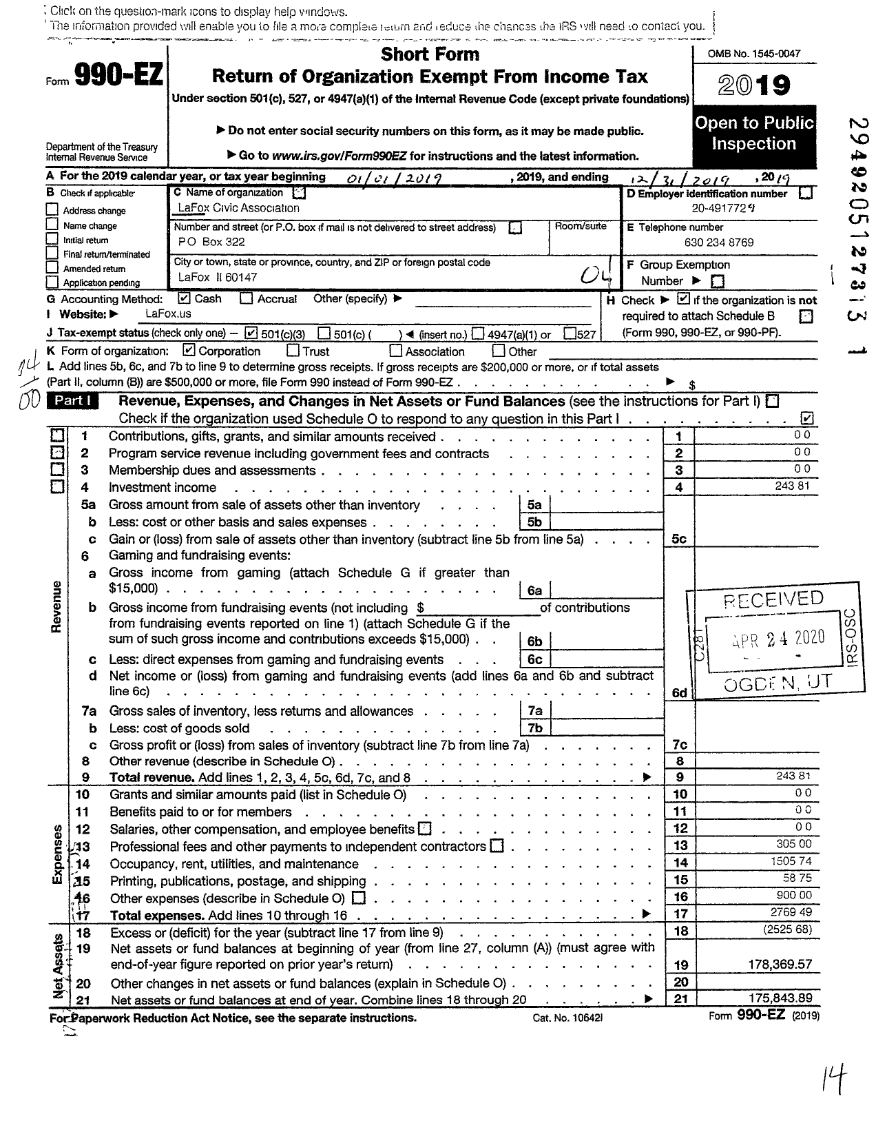 Image of first page of 2019 Form 990EO for Lafox Fox Civic Association