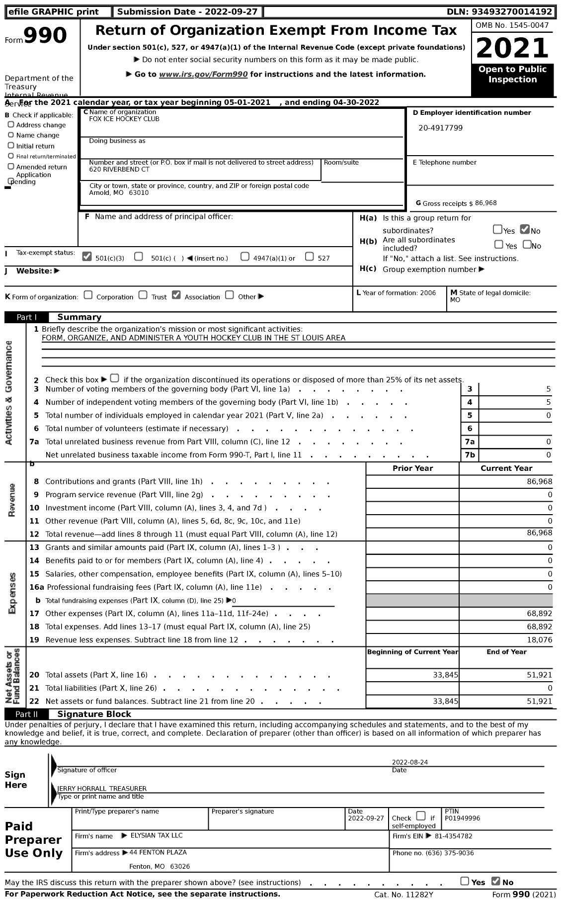 Image of first page of 2021 Form 990 for Fox Ice Hockey Club