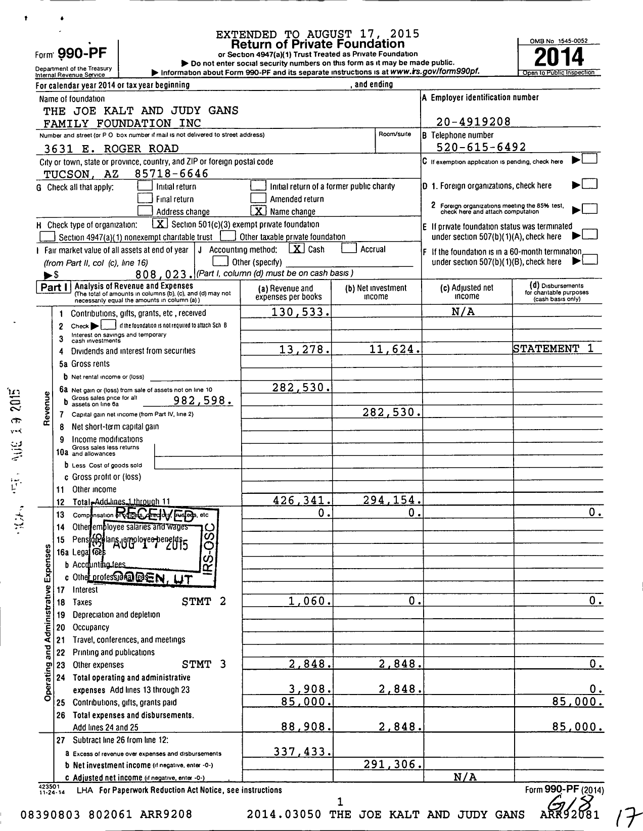 Image of first page of 2014 Form 990PF for The Joe Kalt and Judy Gans Family Foundation