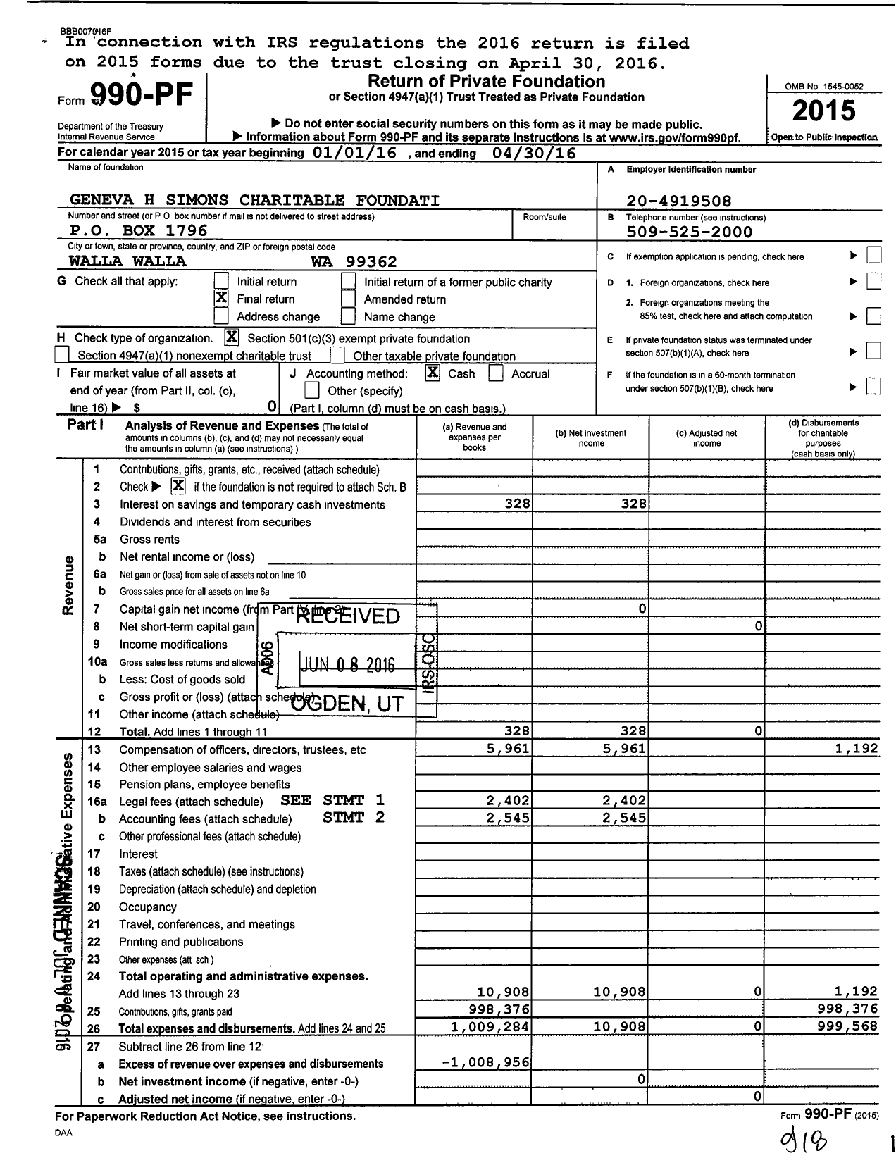 Image of first page of 2015 Form 990PF for Geneva H Simons Charitable Foundation