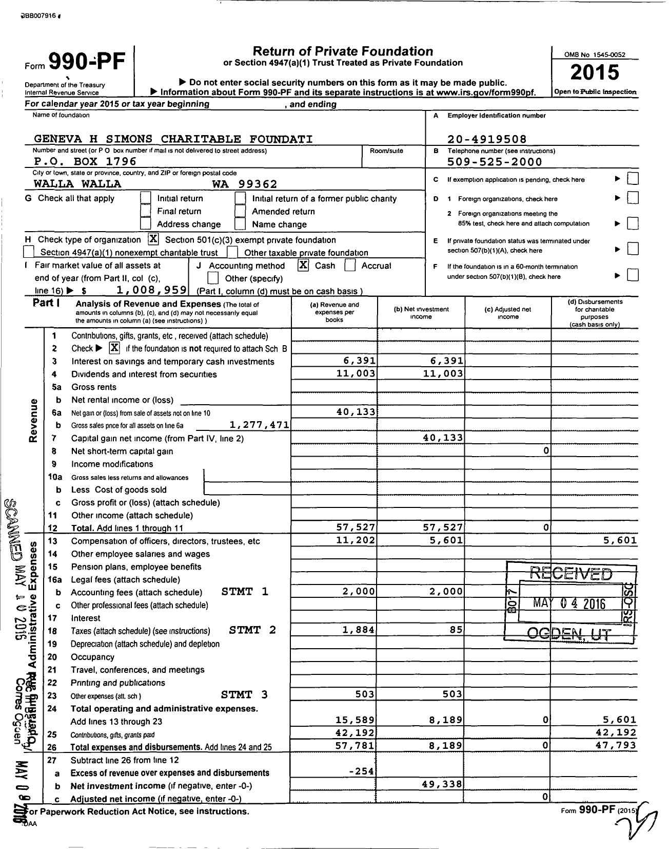 Image of first page of 2015 Form 990PF for Geneva H Simons Charitable Foundation