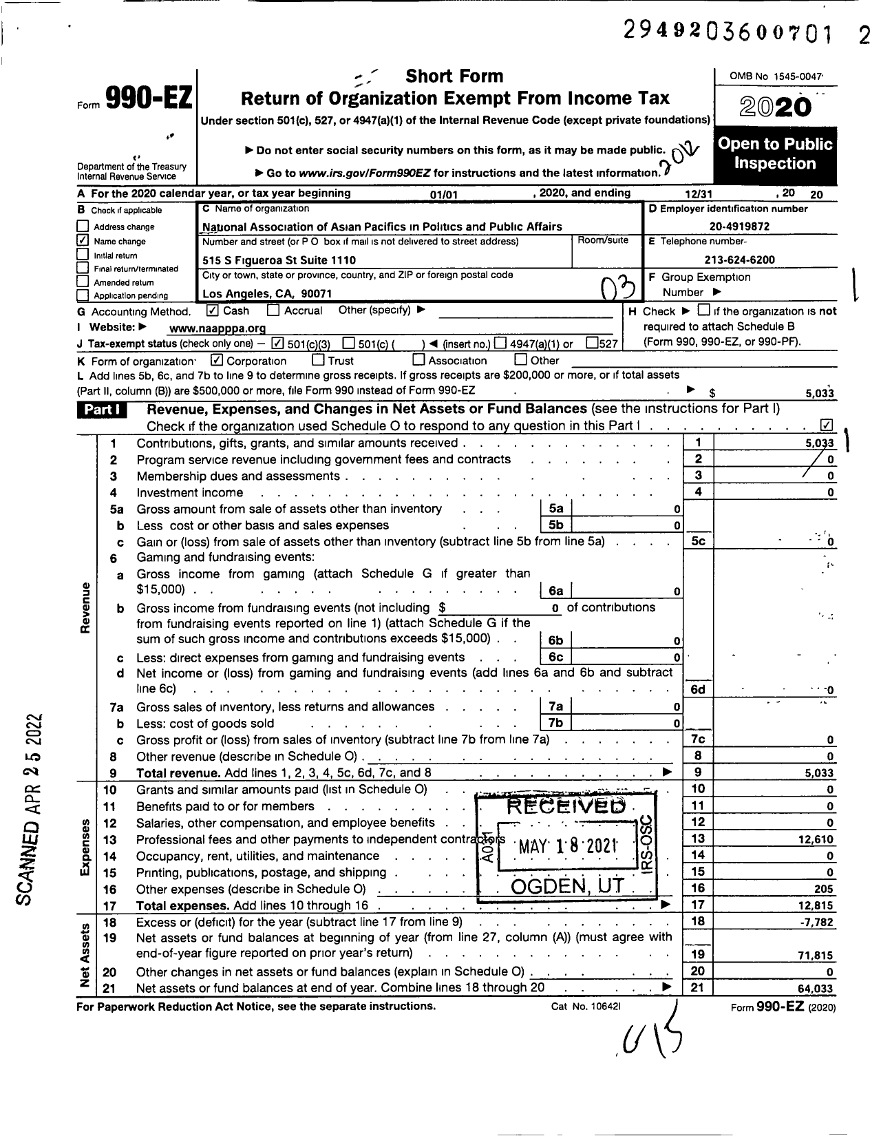 Image of first page of 2020 Form 990EZ for National Association of Asian Pacifics in Politics and Public Affairs