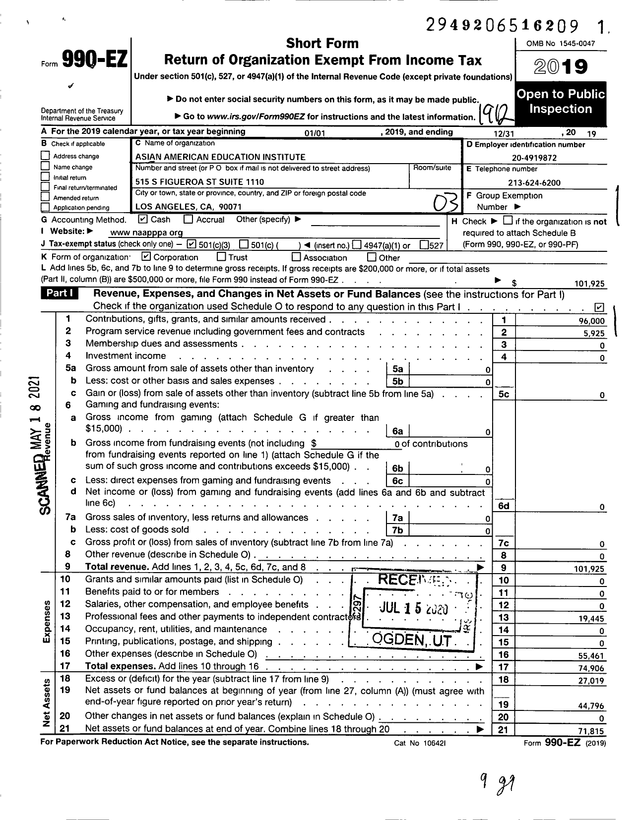 Image of first page of 2019 Form 990EZ for National Association of Asian Pacifics in Politics and Public Affairs